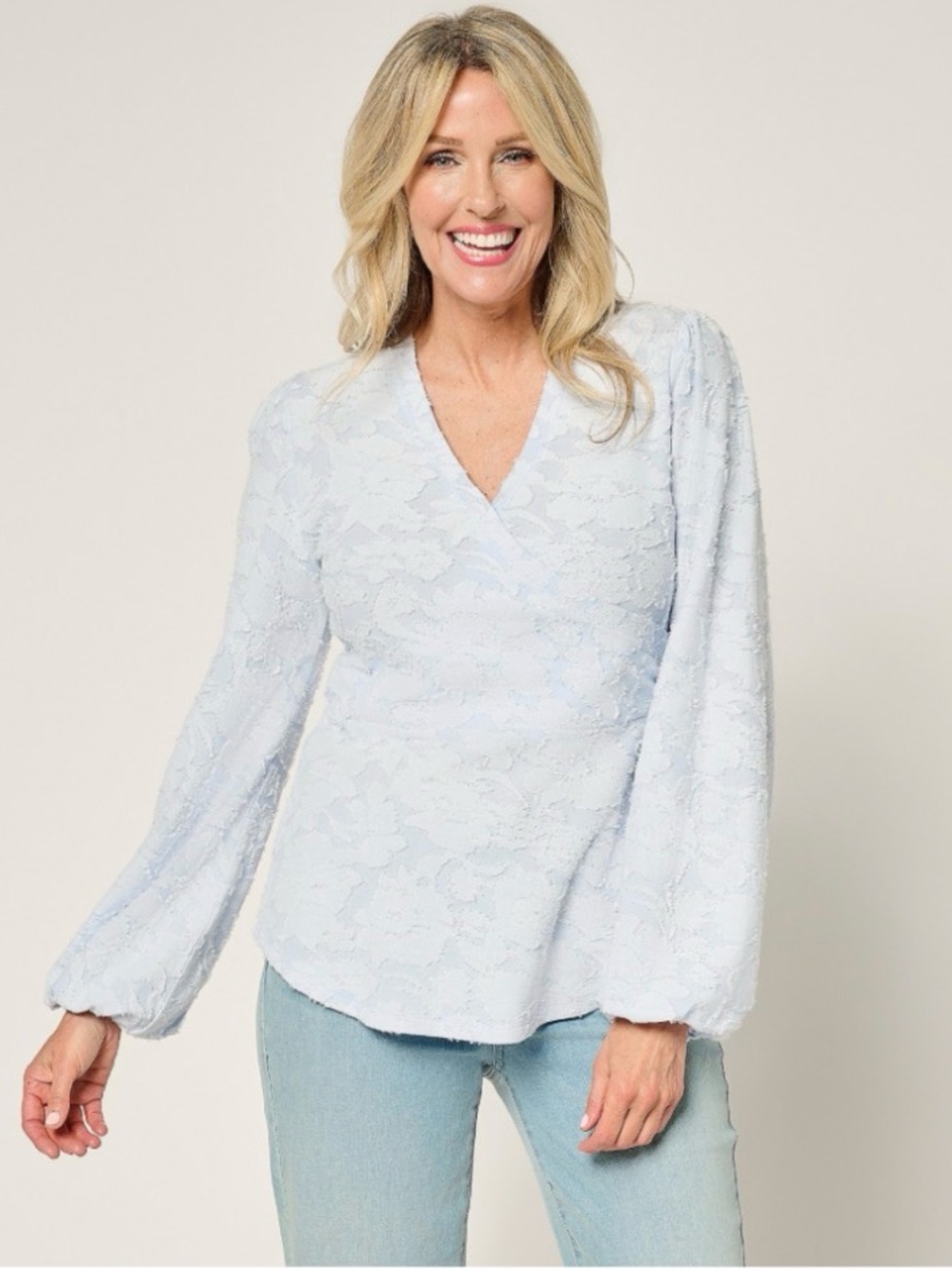 Studio Park x Terri Conn Faux Wrap Textured Knit Top Size Large Cloud Blue